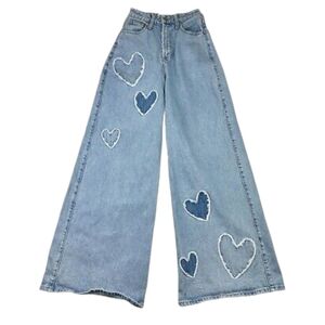 Heart Embellished Light Blue Wide-Leg Jeans